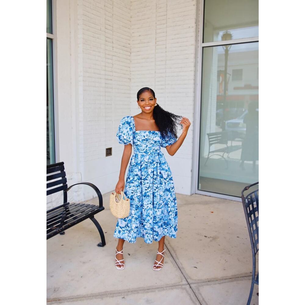 Abercrombie & Fitch Emerson Poplin Puff Sleeve Midi Dress – Blue White Floral - Picture 6 of 9